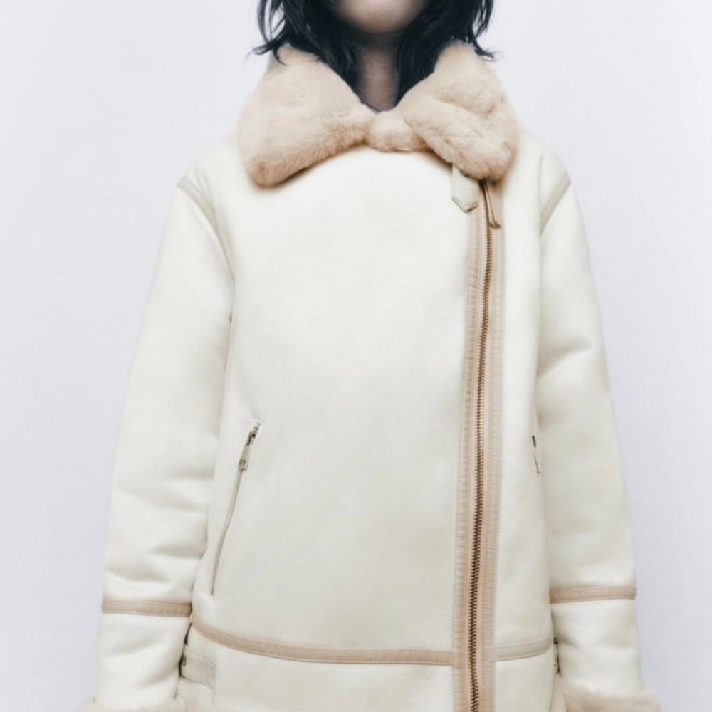 ZARA Women's Faux Suede Double Faced Long Jacket(Ecru, US L/EUR L) - Picture 7 of 16